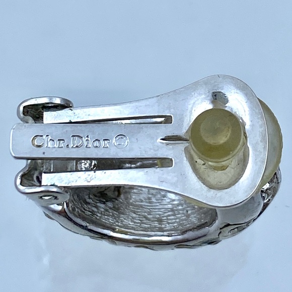 Vintage DIOR Silver Half Circle Rhinestone Clip Earrings - Picture 4 of 4